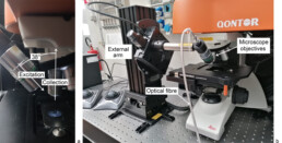 Micro-Raman Renishaw InVia Qontor modified with external arm for micro-SORS: (a) full view of the instrument and (b) closeup of the excitation – collection zone | © CNR ISPC