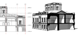 Progetto IDEHA. Modello Informativo del caso pilota del Real Sito di Carditello, stralcio di prospetto e sezione assonometrica