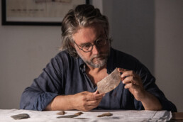 Giulio Lucarini analysing Predynastic lithics at the Museo dell’Opera del Duomo, Bracciano (Rome). Photo: Sabrina Martin