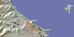 Distretto di Monte Bisenzio, aree di abitato (marrone) e nuclei sepolcrali (nero)