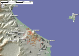 Distretto di Monte Bisenzio, aree di abitato (marrone) e nuclei sepolcrali (nero)