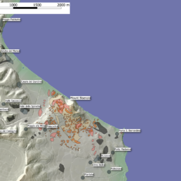 Distretto di Monte Bisenzio, aree di abitato (marrone) e nuclei sepolcrali (nero)