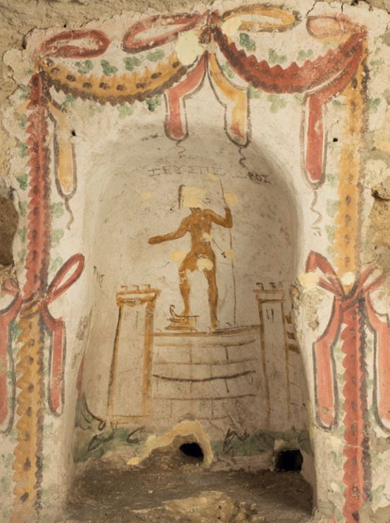 Rappresentazione dello Stretto di Messina con la statua di Zeus Peloros. “Sacello pagano”, catacomba di Santa Lucia a Siracusa