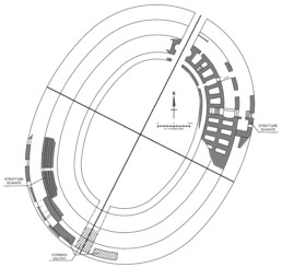 Planimetria delle strutture riportate alla luce nella campagna di scavo 2020 (in grigio) ed ipotesi ricostruttiva dell’anfiteatro (elaborazione GFP) | © Giorgio F. Pocobelli, CNR ISPC