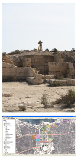 Progetto Sabratha, Prin 2008, strumentazione utilizzata per la campagna di rilievo e rappresentazione del Quartiere del Teatro con immagine tratta da Google Earth, georeferita secondo il sistema WGS 1984 UTM 33S con sovrapposizione delle aree di studio, delle necropoli e della viabilità