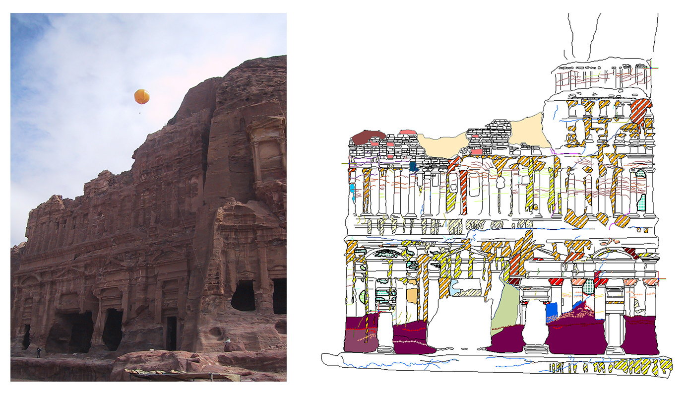 Rilievo fotogrammetrico da pallone aerostatico sulla facciata della Tomba Palazzo, Petra (Giordania); rappresentazione tematica relativa al degrado della facciata effettuato con applicativi GIS