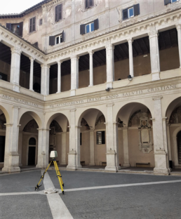 Progetto HBIM4lazioHERITAGE: fasi del rilievo con laser scanner del Chiostro del Bramante, Roma | © DSDRA, Sapienza Università di Roma