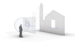 Schema grafico che esemplifica il processo geometrico per la trasformazione da immagine sferica ad ortofoto.