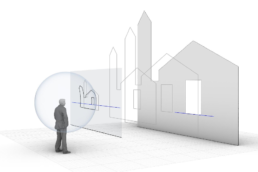 Schema grafico che esemplifica il processo geometrico per la trasformazione da immagine sferica ad ortofoto.