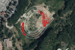 Ipotesi ricostruttiva dell’anfiteatro; in rosso le strutture scavate