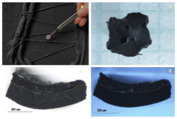 In foto: a) punto di campionamento; b) campione al microscopio ottico; c) sezione lucida stratigrafica osservata al microscopio ottico in luce vis riflessa; d) sezione lucida stratigrafica osservata al microscopio ottico in luce UV