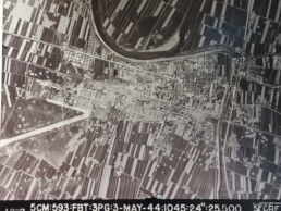 Particolare di fotografia aerea storica della collezione RAF con segni evidenti di bombardamento, Aerofototeca Nazionale