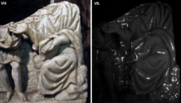 Ricerca di tracce di policromia residua su pietra tramite tecniche di imaging fotografico Vis VIL. Nell’immagine VIL è evidente la presenza del pigmento blu egizio