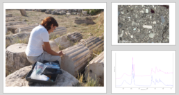 Progetto di ricerca sui materiali utilizzati nei restauri architettonici antichi a Hierapolis e Tripolis (Turchia): a) fase di campionamento; b) immagine al microscopio ottico polarizzatore del campione; c) spettri FTIR del campione