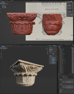 3D modeling and reconstruction of the sandstone corinthian capital of the porch outside the temple