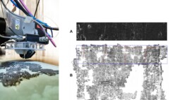 Fotocomposizione. A sinistra, lo scanner MA-XRF, realizzato dal CNR ISPC, durante le indagini in situ sui papiri di Ercolano. Durante le misure dei papiri lo strumento è stato utilizzato in configurazione orizzontale. I campioni sono stati misurati in scansione continua con una risoluzione laterale di 250µm e tempo di acquisizione per pixel pari a 10 ms. A destra, (a) mappa di distribuzione del piombo ottenuta tramite l'imaging MA-XRF su una superficie di papiro di 30×6 cm2; (b) Immagine infrarossa a 1000 nm. Le linee rosse segnano i bordi di ogni spazio intercolonnare (colonna + intercolonna); il rettangolo blu segna l'area del campione esaminato. Su concessione del Ministero della Cultura | © Biblioteca Nazionale “Vittorio Emanuele III”, Napoli – CNR ISPC