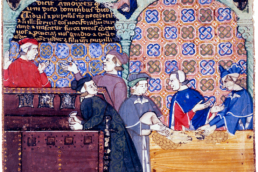 L'avarizia. Scena ambientata nel Banco di San Giorgio di Genova, miniatura tratta dal 'Trattato sui sette vizi' (1330-1340 circa), British Library, Londra. | Cocharelli, Public domain, via Wikimedia Commons