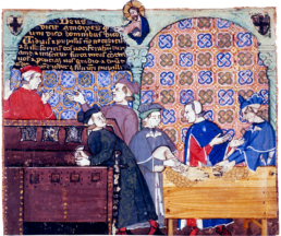 L'avarizia. Scena ambientata nel Banco di San Giorgio di Genova, miniatura tratta dal 'Trattato sui sette vizi' (1330-1340 circa), British Library, Londra. | Cocharelli, Public domain, via Wikimedia Commons