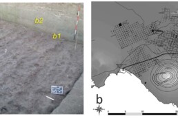 Piana Campana: a-campo arato rinvenuto sotto i livelli vulcanici vesuviani (b1-b2, da Di Vito et al. 2013); b- ricostruzione digitale dei reticoli centuriali nell'area vesuviana | © UNINA