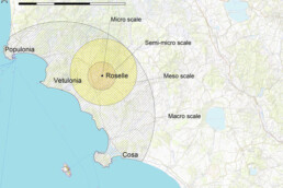 Area oggetto di indagine con scala specifica per metodo. Macroscala: cartografia, fotografia aerea storica; scala intermedia: droni, rilievo sul campo, geomorfologia e palinologia; semi-microscala: magnetometria estensiva; microscala: georadar in contesto urbano | © CNR ISPC