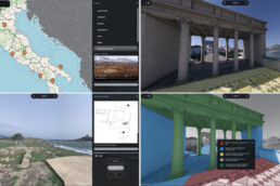 Schermate dell'app e-archeo 3D che permette di esplorare i modelli 3D di 8 siti archeologici nazionali. Diverse presentazioni e visualizzazioni scientifiche del sito sono basate sulle linee guida progettate dal CNR ISPC | © CNR ISPC