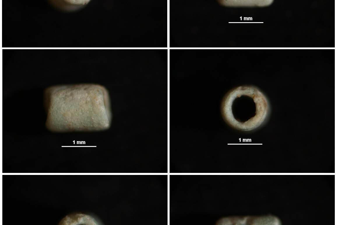 Micro perline in steatite e faience datate al terzo millennio a.C., ingrandimento di 32x. SESAME, Giordania, Marzo 2024 | © Gian Luca Bonora, CNR ISPC