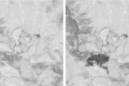 Image of the National Archaeological Park of Machu Picchu processed from Landsat 8 satellite data (2017) for fire monitoring and prevention. On the left is the image prior to the 2017 fire, on the right is the image after the event. The data shows the Normalised Burn Ratio (NBR) used to identify and study the burned areas | © Processed by Nicodemo Abate, CNR ISPC