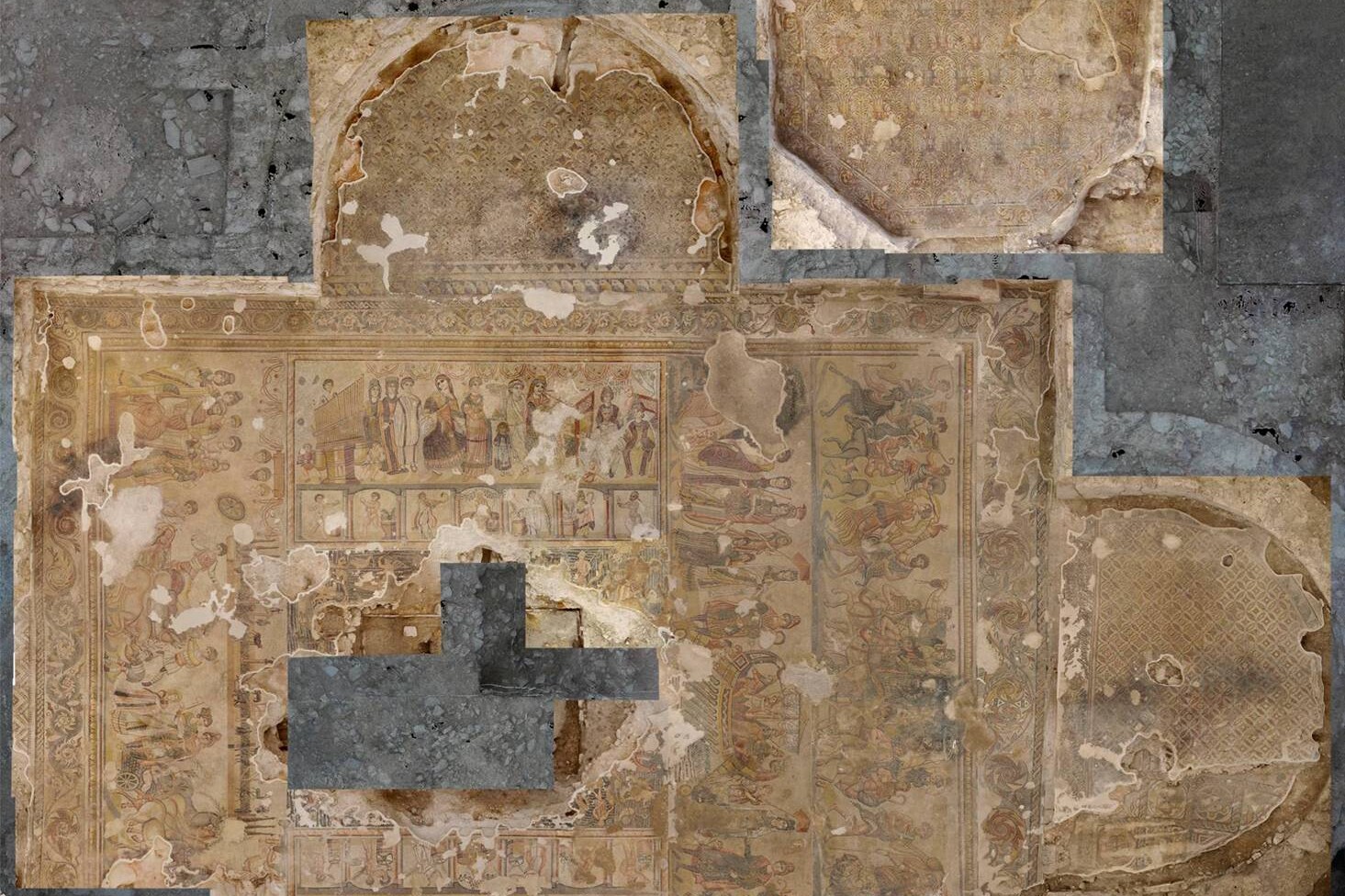 Villa romana di Noheda (Cuenca): vista zenitale del mosaico della sala triabsidata | © Università di Castilla La Mancha